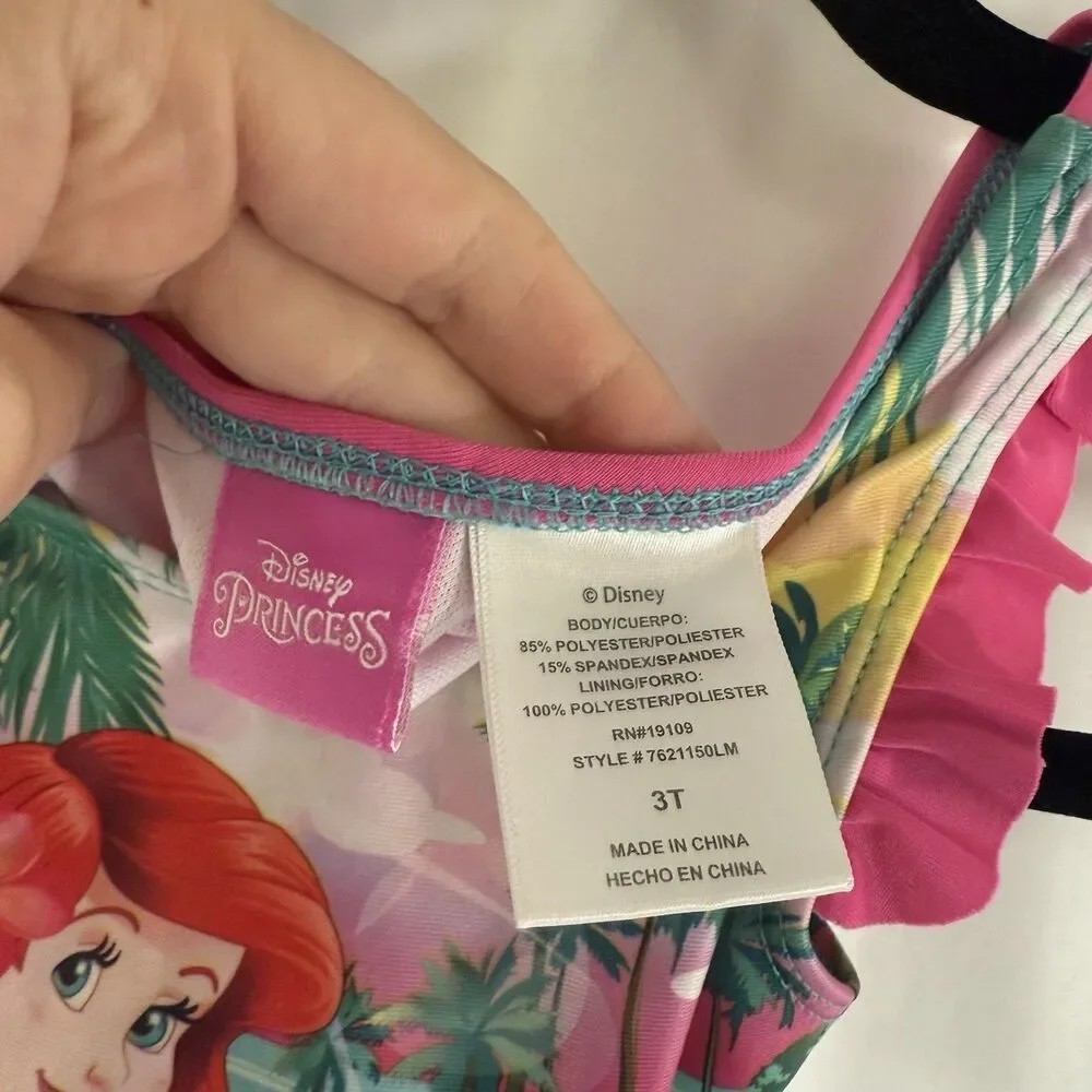 Disney Princess Swim Suit 2 Piece Girl 3T Ariel Green Pink Floral Little Mermaid